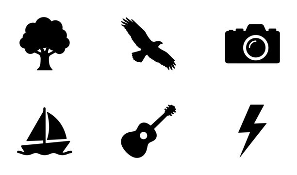 Diverse Icon Set: Tree, Eagle, Camera, Sailboat, Guitar, Lightning Bolt, Vector Graphics