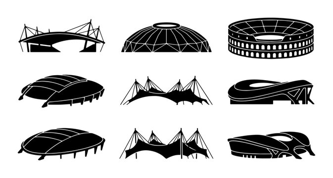 Modern Stadium Architecture Icons, Sports Arena Designs, Architectural Structures, Vector Set