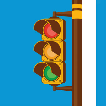Symbolic city traffic light signal showing stop go and caution phases in a flat vector style against a contrasting blue and white background