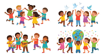 Fototapeta premium group of diverse children celebrating with music and peace symbols