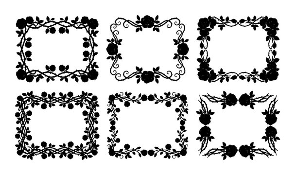 Elegant Floral Frames Collection, Ornate Rose Borders, Decorative Vector Elements for Invitations and Certificates, Black Silhouette Designs