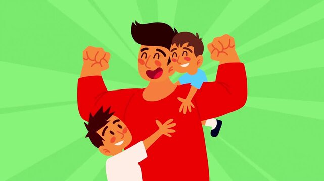 Happy father hugging his two young sons on a green retro background with sunburst rays.