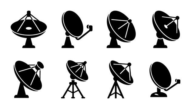 Satellite Dish Icons, Communication Antennas, Signal Reception Devices, Technology Vector Set