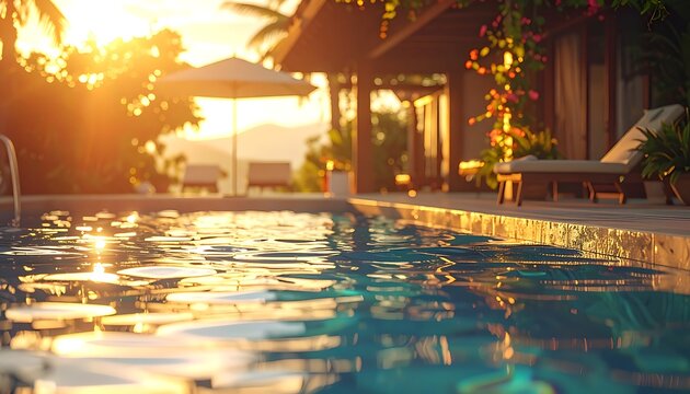 Golden Hour Glow Over a Serene Resort Swimming Pool.