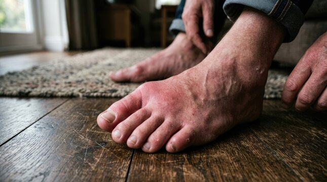 Painful foot condition: gouty arthritic pain, urate crystal accumulation, hyperuricemia symptom, reddened swollen digit, big toe distress, painful metatarsal joint.