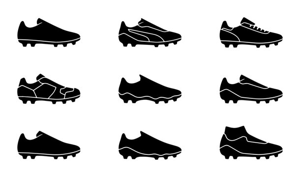 Soccer Cleats Vector Icons Set: Football Boots Silhouette Collection for Sports Design, Athletic Footwear Graphics