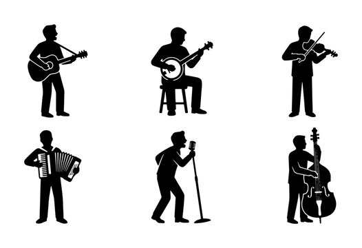 Musician Silhouettes Collection: Guitarist, Banjo Player, Violinist, Accordionist, Singer, Bass Player