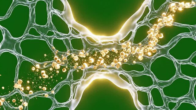 Abstract Glowing Particles Flowing Through Translucent Bubble Structure On Vibrant Green Background For Science And Technology Imagery