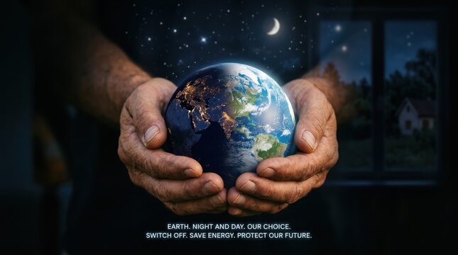 Earth at night was holding in human hands. Earth day. Energy saving concept