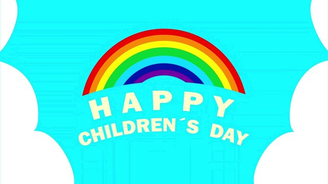 Happy children's day greeting text animation under a colorful rainbow with clouds.
