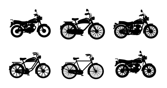 Retro Motorcycle Silhouettes, Vintage Bike Icons, Classic Motorbike Vector Set, Transportation Graphics