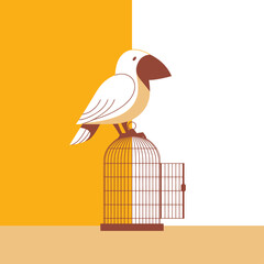 Fototapeta premium Conceptual vector illustration of a white bird perched atop an open birdcage symbolizing freedom with a split yellow and white background