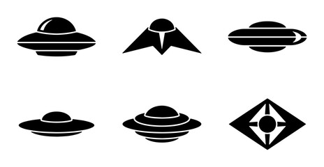 UFO Icons Set, Flying Saucer Vector Graphics, Alien Spaceship Symbols, Sci-Fi Technology Illustrations, Extraterrestrial Objects Collection © Shahin