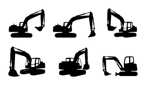 Excavator Icons Set: Construction Machine Silhouettes, Heavy Equipment Vector Graphics for Industry and Building Projects