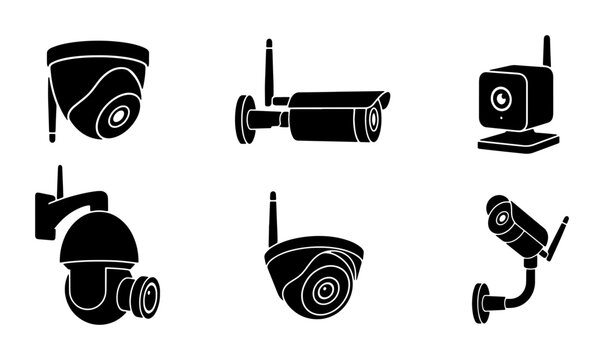 Security Camera Icons Set, Surveillance Equipment Vector Graphics, CCTV Technology Collection, Monitoring Devices