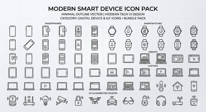 Modern smart device icon pack, minimal outline vector UI design for digital devices and IoT bundle