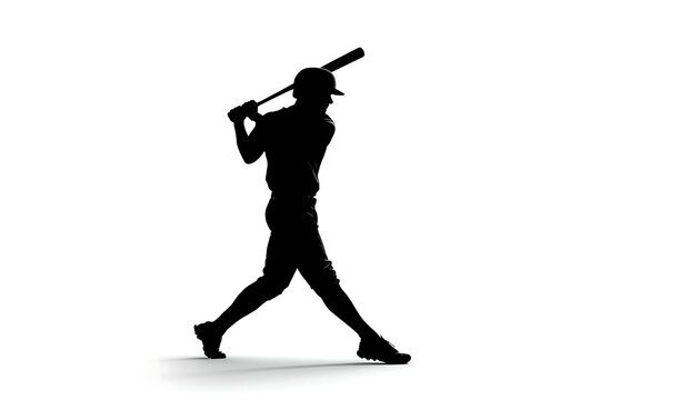 The complete silhouette of a baseball player in uniform holding a bat on a white background.