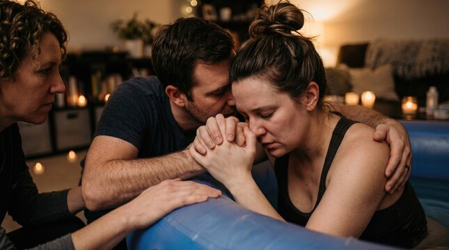 Man comforts woman in labor in a birthing pool with a midwife present