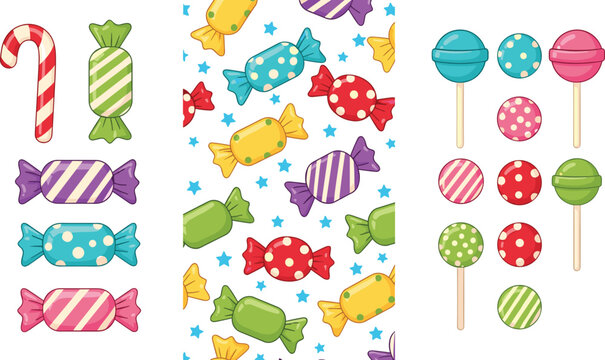 Colorful Candy and Lollipop Collection Vector Illustration with Sweet Confectionery Treats, Peppermint Sweets, and Cartoon Dessert Design Elements