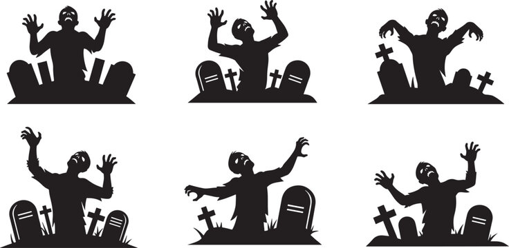 Set of silhouettes of zombies rising from graves and tombstones on transparent background.