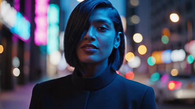Woman with bob haircut in neon city lights at night