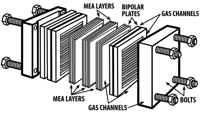 Diagram of a Fuel Cell Stack with Labeled Components.