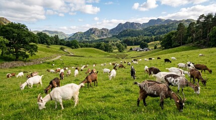 Fototapeta premium Mountain Farm with Grazing Goats