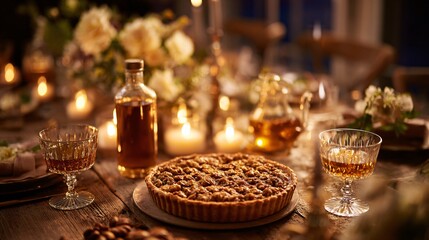 Naklejka premium A cozy dinner table scene with frangipane tart served as dessert alongside drinks under warm ambient lighting