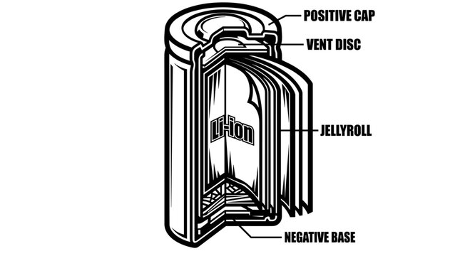 Diagram of a lithium ion battery cross section with labels.