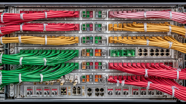 Network patch panel organizes dense bundles of red, green, and yellow cables to provide efficient routing and stable connections for a high-performance corporate data processing server system.