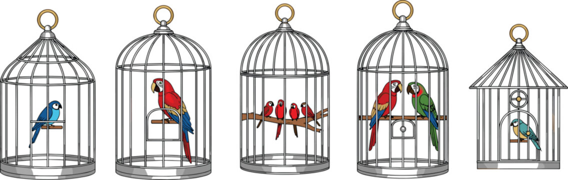 Decorative Bird Cage Collection Vector Illustration with Parrots, Songbirds, Vintage Aviary Designs, and Elegant Pet Home Elements