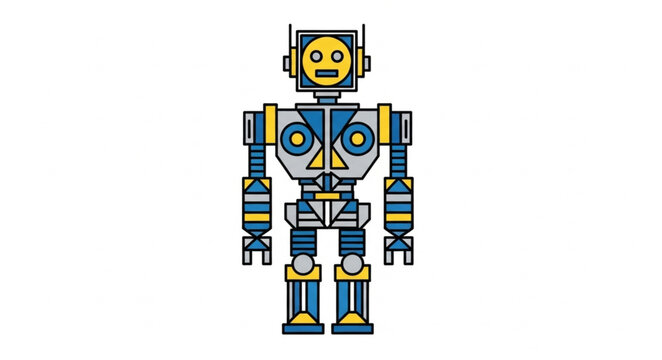 Retro robot character standing isolated on white background.