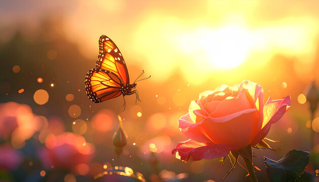 Butterfly over rose at sunset