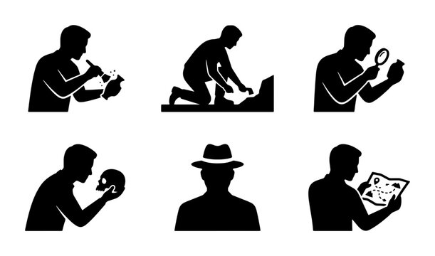 Archaeology Icons Set: Digging, Discovery, Artifacts, Exploration, Research, History, Science, Silhouette Collection