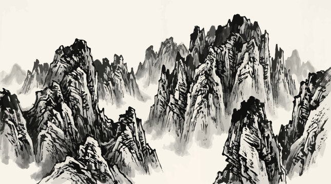 Ink wash painting of towering mountains