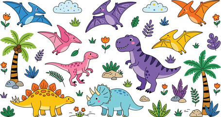 Cute Cartoon Dinosaur Vector Character Set Featuring Tyrannosaurus Rex Triceratops Stegosaurus Pterodactyl and Palm Trees for Kids Educational Book Illustrations © MdSaddam