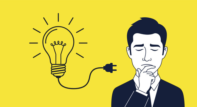 Concerned man thinking deeply next to an unplugged and unlit light bulb on a bright yellow background for no ideas.