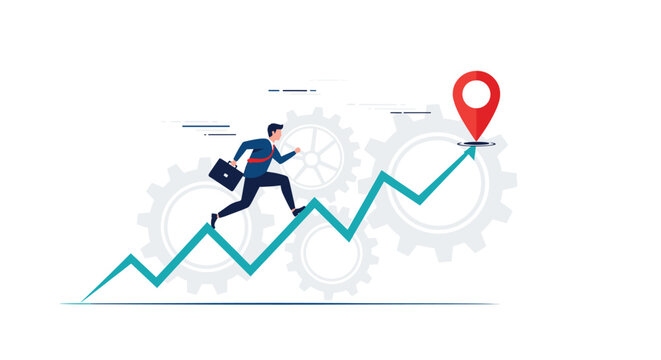 Motivated businessman carrying a briefcase running up a jagged line graph towards a red location pin for his goal.