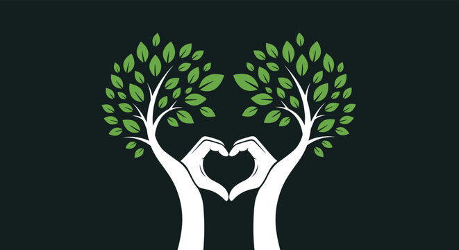 Beautiful illustration of two leafy trees whose trunks and branches are shaped like human hands forming a heart.