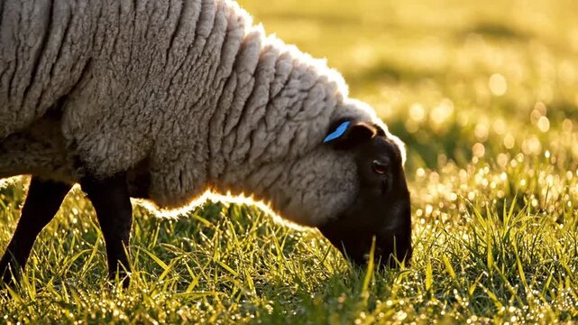 A fluffy sheep grazes on green grass during a beautiful golden sunset