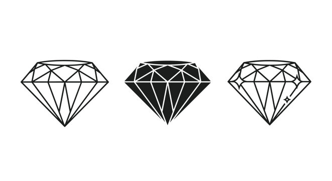 Set of three different diamond icons in solid black and outline styles showing geometric facets and sparkles for luxury jewelry branding.