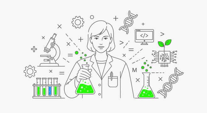 Female Scientist with Laboratory Equipment and Technology Icons