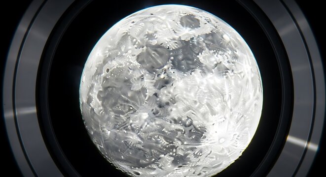 Close up view of the full moon seen through a telescope lens.