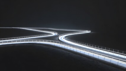 Naklejka premium Curving illuminated pathway with glowing neon lights on dark night background.