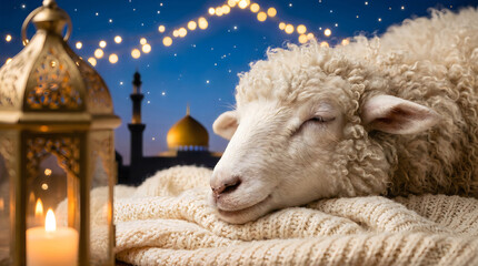 Naklejka premium Peaceful sheep resting near a glowing lantern with a mosque silhouette during Eid celebration