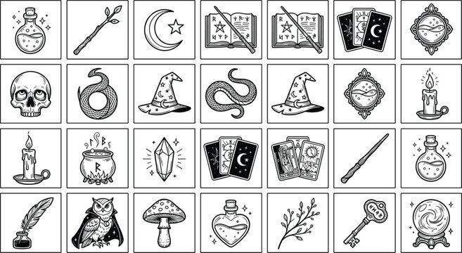 Mystical Witchcraft Icon Vector Set Featuring Magic Potion Bottles Tarot Cards Witch Hats Cauldron Skull Owl and Crystal Balls for Halloween Graphic Designs