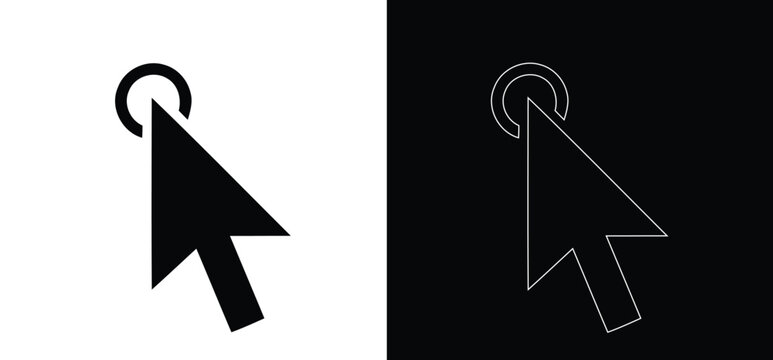 Minimalist computer mouse cursor icons, black and white arrow pointer vectors, digital clicker symbols for website navigation and interface design