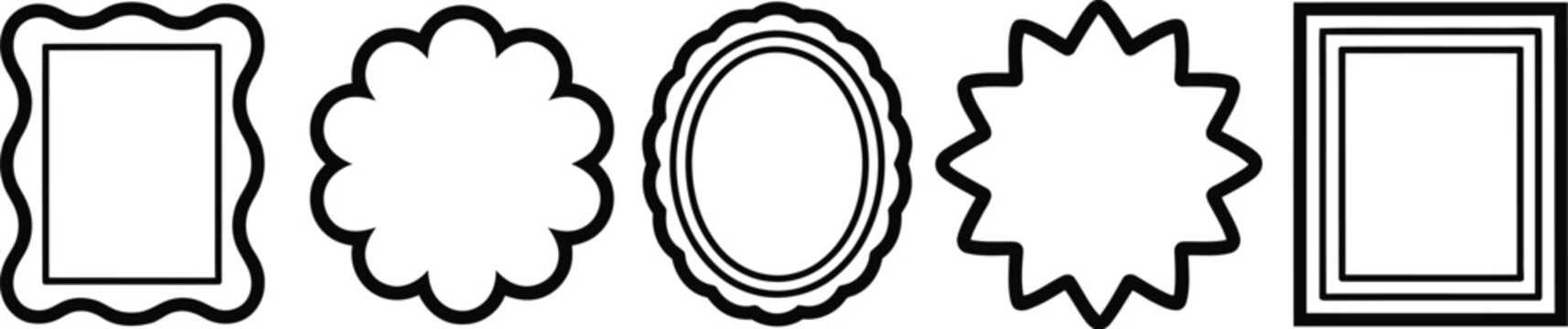 Collection of black line vector frames including wavy rectangle scalloped circle oval and zigzag star shape isolated on white background