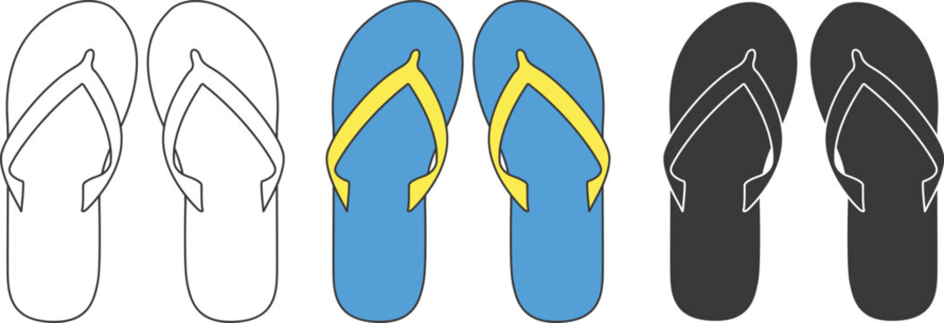 Trendy flip flop clipart, line art and silhouette vector illustration set. Perfect for summer vibes, beach graphics, icons, and minimalist seasonal designs.