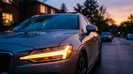 Naklejka premium Silver car's bright amber turn signal glowing on a suburban street at dusk, indicating direction for safe travel.